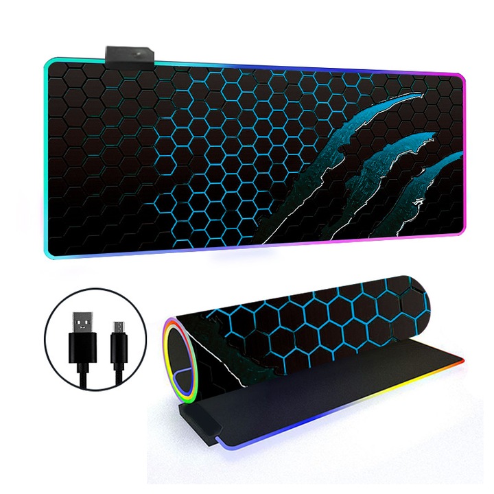 Egérpad RGB, 14 világítási mód, csúszásmentes alap, 30x70cm méret, nagy szett