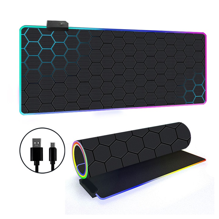 Mouse Pad RGB, 14 Moduri de Iluminare, Baza Antiderapanta, 300x700x4mm, Set Gaming