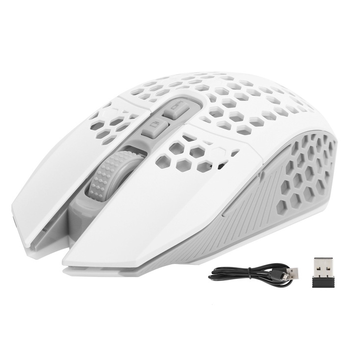 Mouse wireless silentios X801, design gol, RGB, 7 butoane, acumulator 700mAh, alb