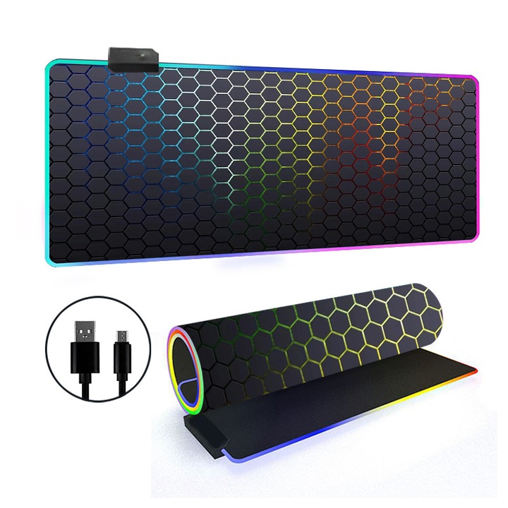 Mouse Pad RGB, 14 Moduri de Iluminare, Baza Antiderapanta, 300x600x4mm, Set Mare