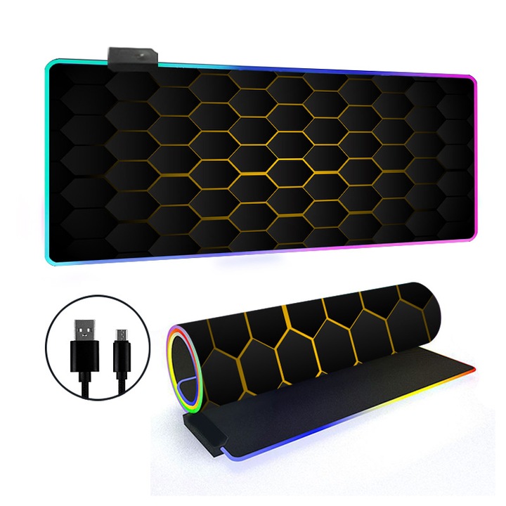 Mouse Pad RGB, 14 Moduri de Iluminare, Baza Antiderapanta, 300x600x3mm, Set Mare