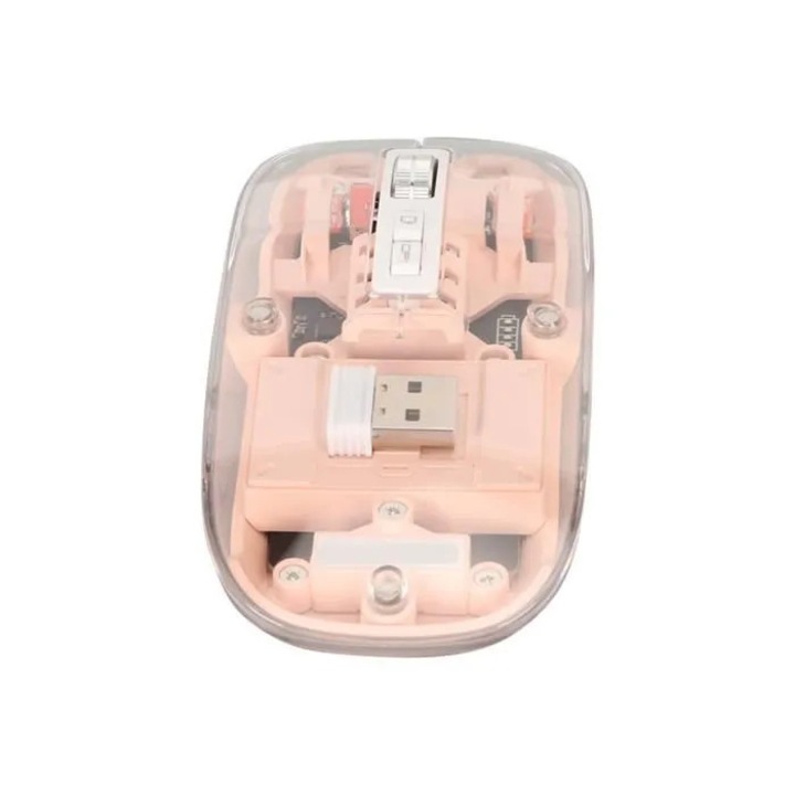 Mouse cu fir HURRISE 2.4G, 2400 DPI, 3 moduri de conectare, RGB, roz