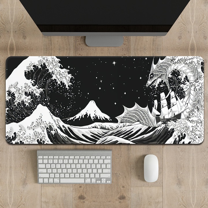 Mousepad, model abstract cu valuri japoneze, negru si alb, dimensiune 80x30cm, baza din cauciuc antiderapant