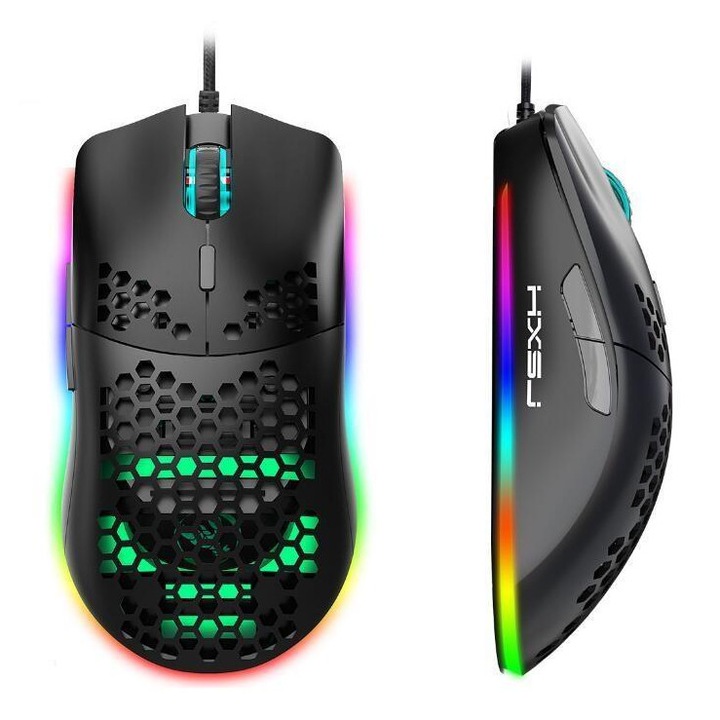 Mouse de gaming programabil, 6 butoane, iluminare RGB, 6400 DPI, negru, 150cm