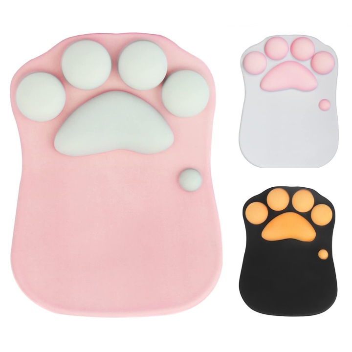 Mousepad cu suport pentru incheietura mainii, roz, dimensiuni 27x20x3cm, design pisica, ergonomic