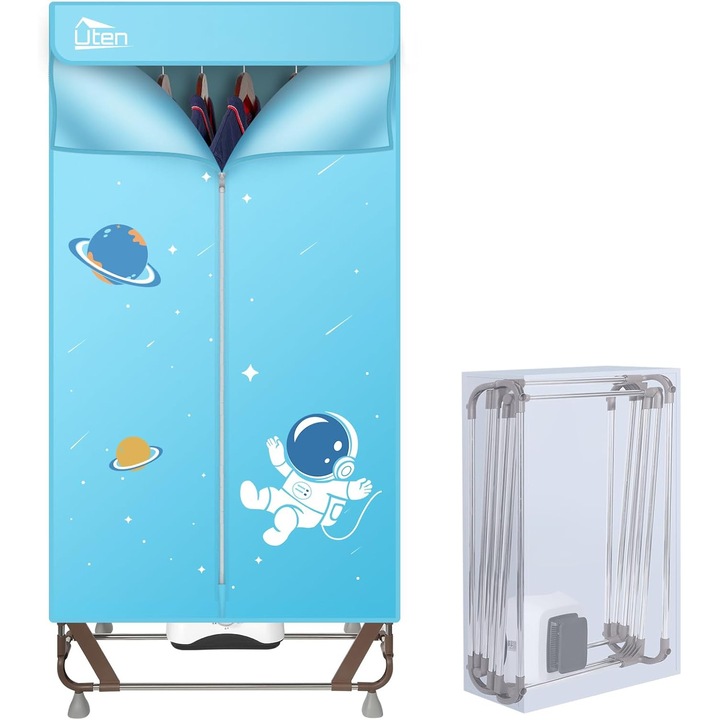 Uscator de rufe electric Uten, 1500 W, portabil, 170 cm, timer, 15kg capacitate, Albastru
