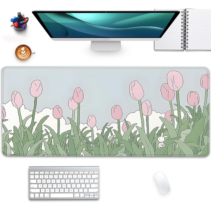 Egérpad XXL, zöld leveles modell, kawaii design, 400x800x2mm, csúszásmentes, mosható