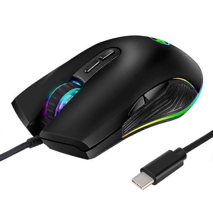 Egér, ergonómikus, vezetékes, RGB, 4 világítási mód, USB-C kompatibilis, fekete, 125x70x40mm