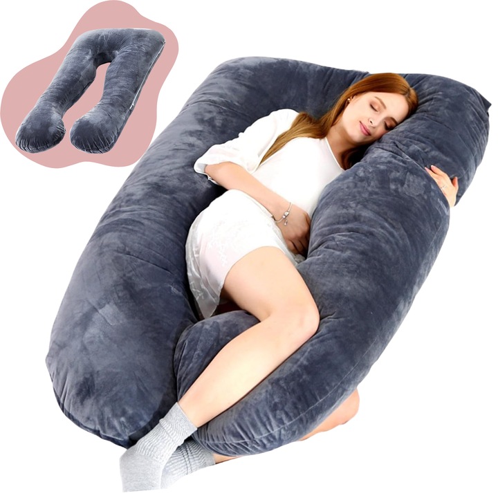 Perna gravide Infiniteea™ 3 in 1, Multifunctionala, Alaptare, Sustinere Bebelusi, Suport Burta, Spate, Gat, Picioare, Forma de U, Husa detasabila, 110 cm, Catifea, Gri Inchis