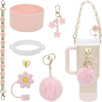 Set 7 accesorii pentru cupa de apa, SUIFAYIO®, convenient, potrivit pentru Stanley, Anti-cadere, pentru a transporta afara, Roz pal