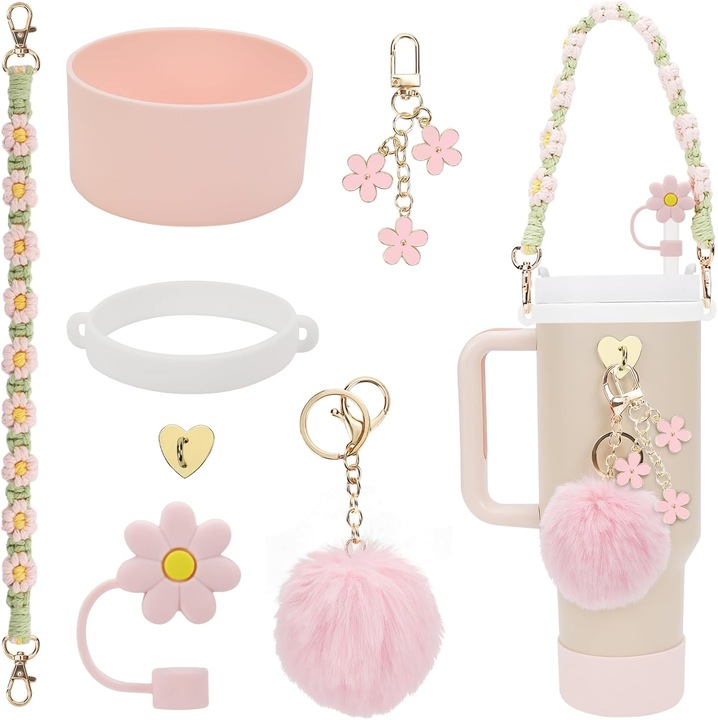 Set 7 accesorii pentru cupa de apa, SUIFAYIO®, convenient, potrivit pentru Stanley, Anti-cadere, pentru a transporta afara, Roz pal