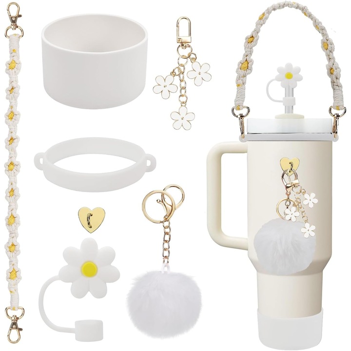 Set 7 accesorii pentru cupa de apa, SUIFAYIO®, convenient, potrivit pentru Stanley, Anti-cadere, pentru a transporta afara, Alb