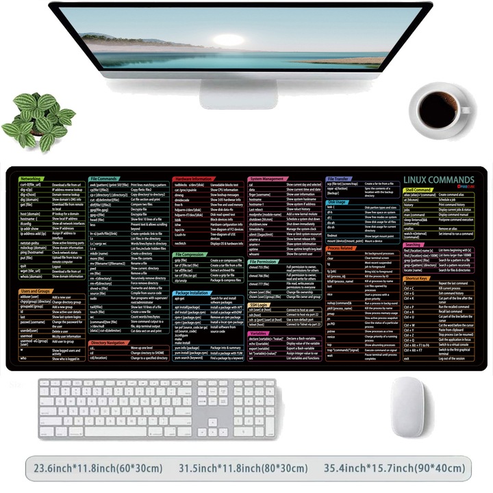 Mousepad, comenzi Linux, 300x800x2mm, design confortabil, margine cusuta