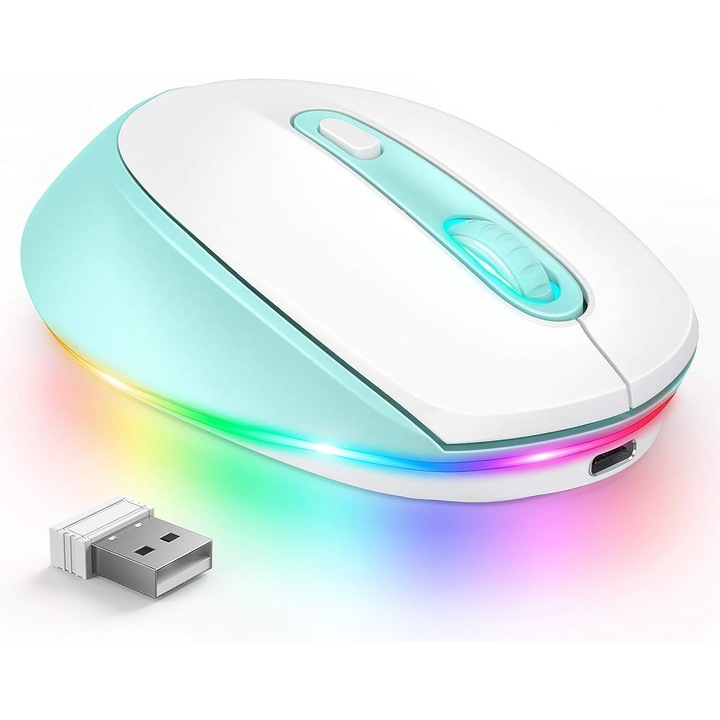 Mouse wireless reincarcabil cu LED, 3 niveluri DPI ajustabile, culoare verde menta