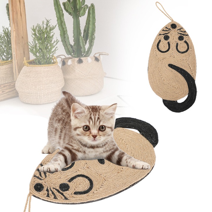 Culcus pentru pisici, saltea de zgariat din sisal, forma de soarece, 42cm, natural