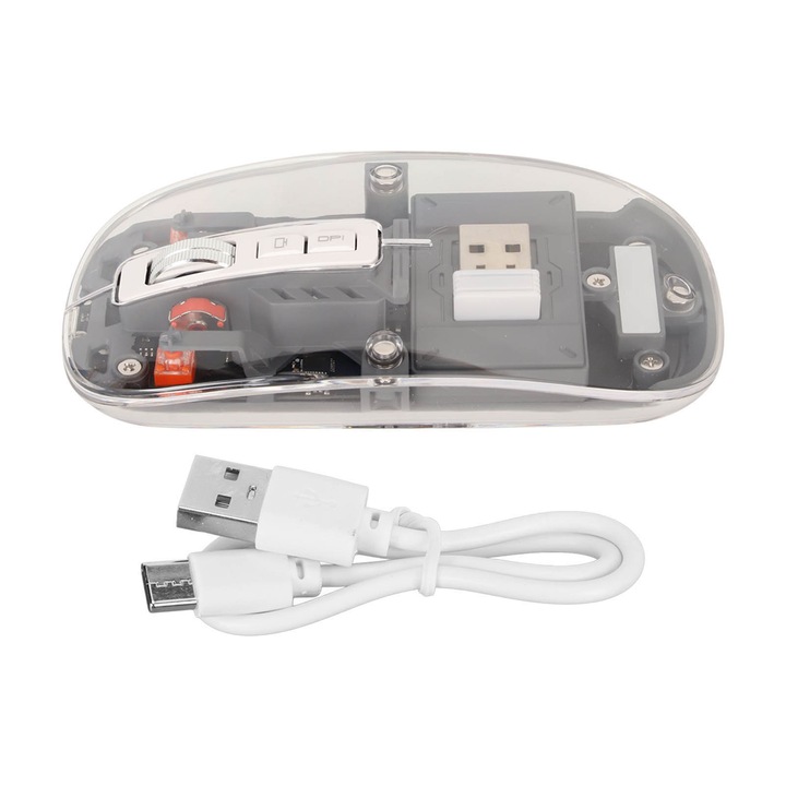 Mouse wireless Bluetooth, 3 moduri de lucru, carcasa transparenta, incarcare Type-C, gri