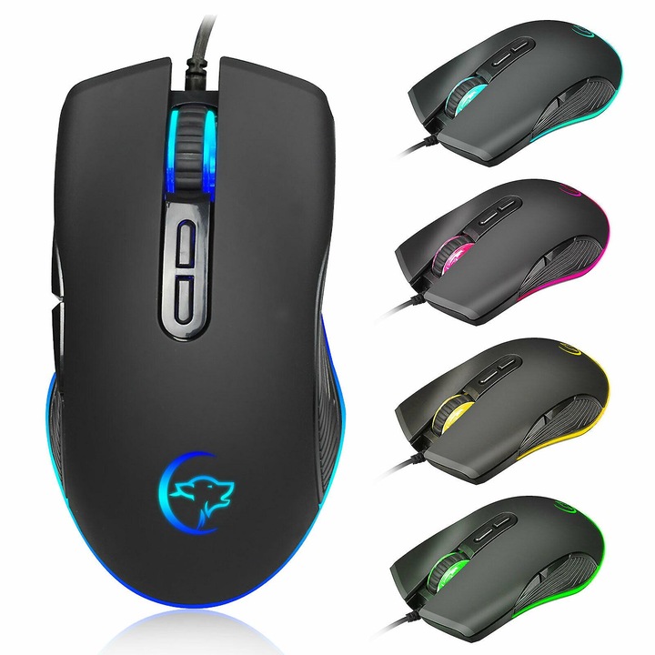 Mouse de gaming USB cu iluminare RGB, 7 butoane, 3200DPI, ergonomic