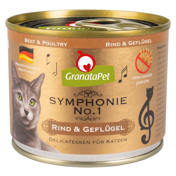 Hrana umeda pisici GranataPet Symphonie Nr. 1, vita si pasare, Adult, 200 gr