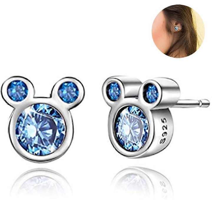 Cercei din argint 925 cu zirconii, model Mickey Mouse, albastru, 9x8mm