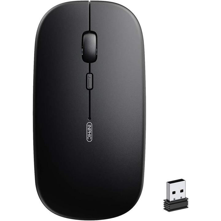 Mouse wireless reincarcabil, design clasic, 3 niveluri DPI, culoare neagra, dimensiuni mini