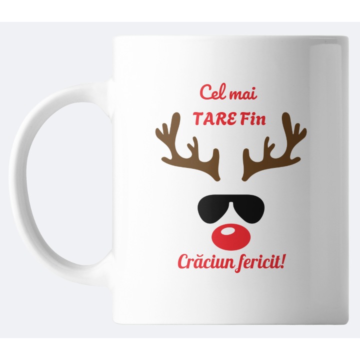 Cana personalizata pentru fin cu mesaj: "Craciun Fericit Finu", 330ml, alba, ceramica