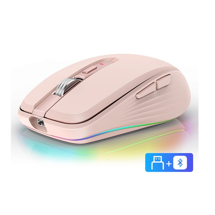 Mouse wireless 2.4G, Bluetooth 5.1, incarcare USB, roz