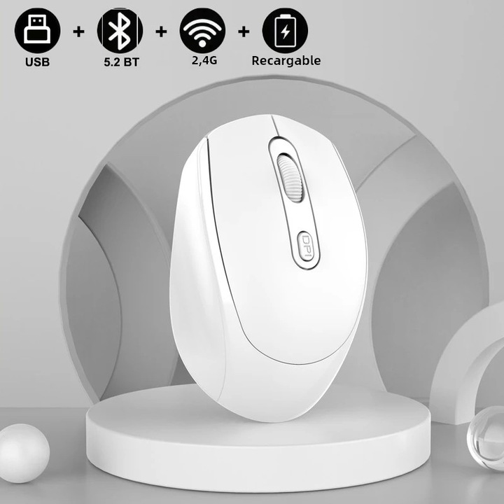 Mouse wireless reincarcabil Bluetooth 2.4G, RGB 1600DPI, alb