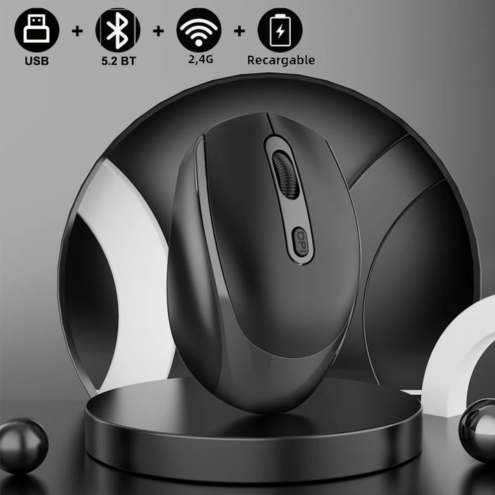 Mouse wireless reincarcabil Bluetooth 2.4G cu USB RGB 1600DPI, negru