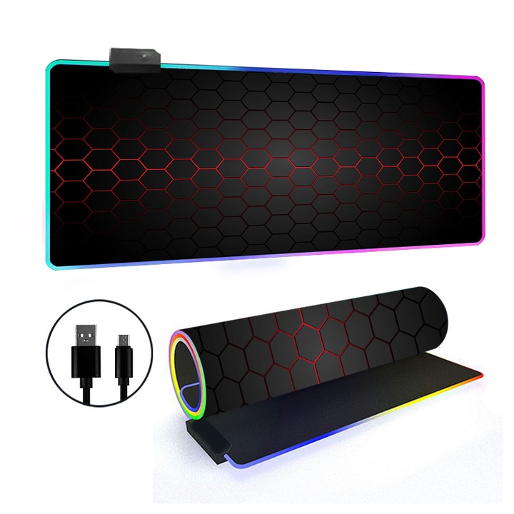 Egérpad RGB, 14 világítási mód, csúszásmentes alap, 300x800x3mm, nagy készlet