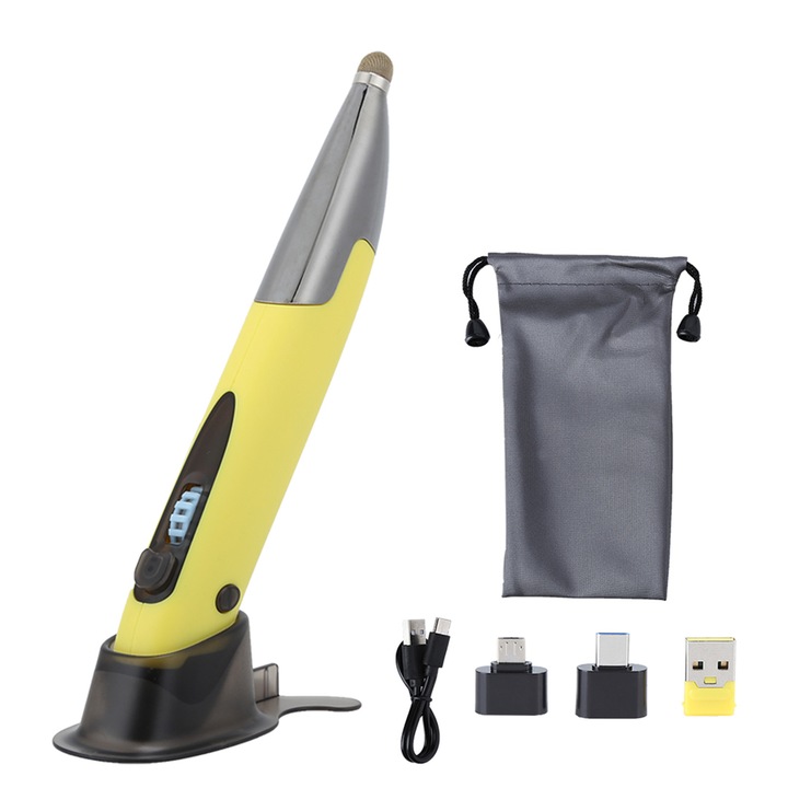 Pix mouse wireless 2.4G, capacitiv, galben, cu adaptoare pentru tableta, telefon