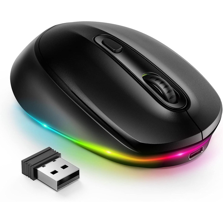 Mouse wireless reincarcabil cu LED, 3 niveluri DPI ajustabile, design ergonomic, negru