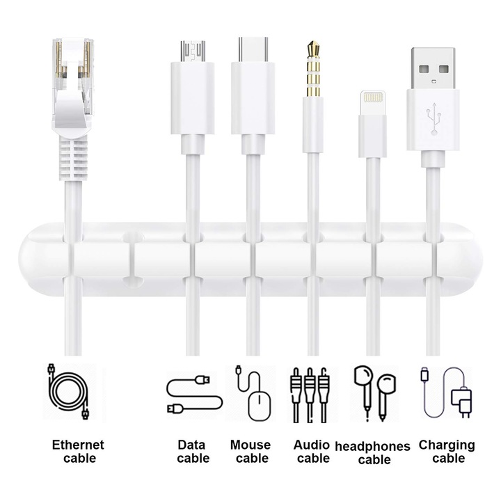 Set 3 suporturi cablu, autoadezive, pentru cabluri USB, alb