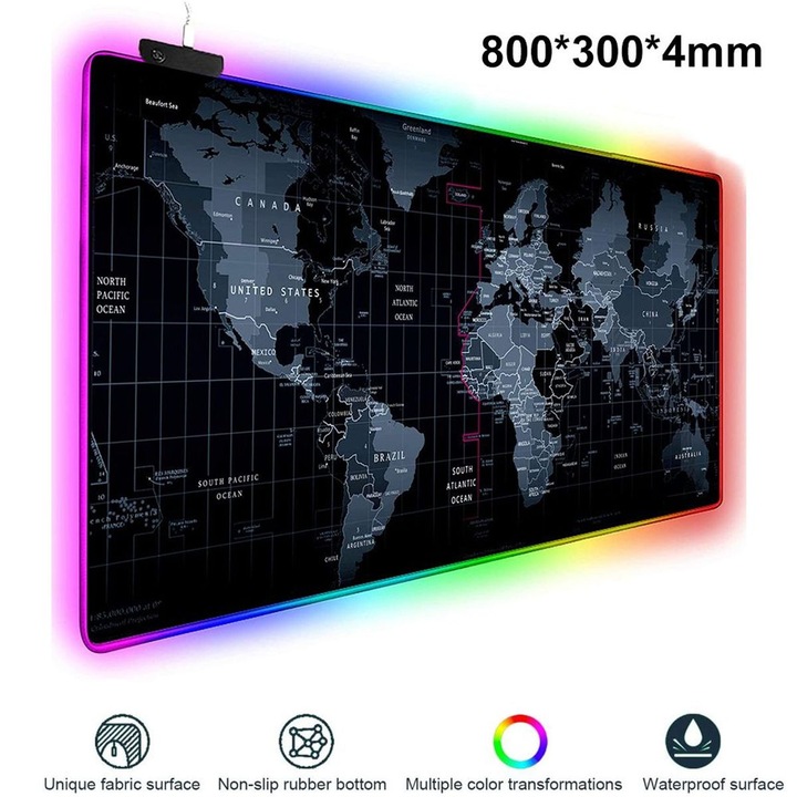 RGB egérpad LED világítással, nagy méretű 800x300x4mm, fekete, Micro USB kábellel
