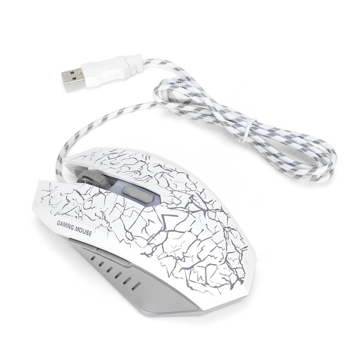 Mouse de gaming cu fir, 3200 DPI, alb, ergonomic