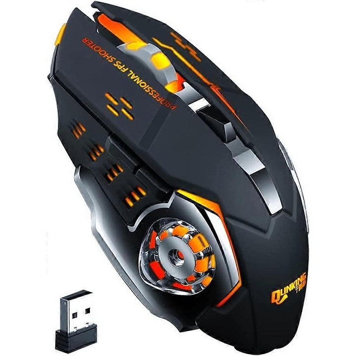 Mouse wireless reincarcabil, tehnologie de transmisie stabila 2.4GHz, lumina decorativa LED, culoare neagra, DPI ajustabil 800/1600/2400/3200.