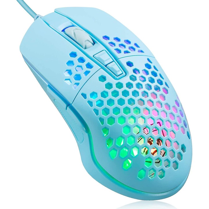Mouse de gaming cu fir Wekity, design Honeycomb, senzor optic 6400 DPI, iluminare RGB, 78g
