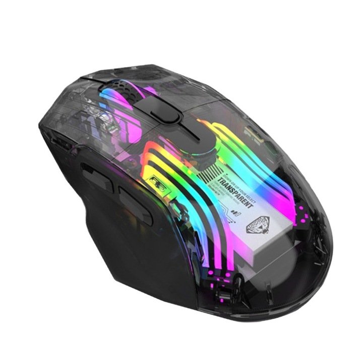 Mouse de gaming mecanic, 3 moduri de conectare, iluminare RGB, transparent, ergonomic
