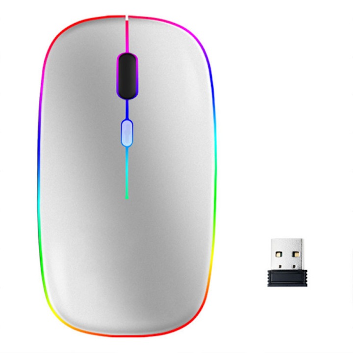 Mouse wireless dual-mode cu iluminare LED colorata, argintiu, 112x58x25mm