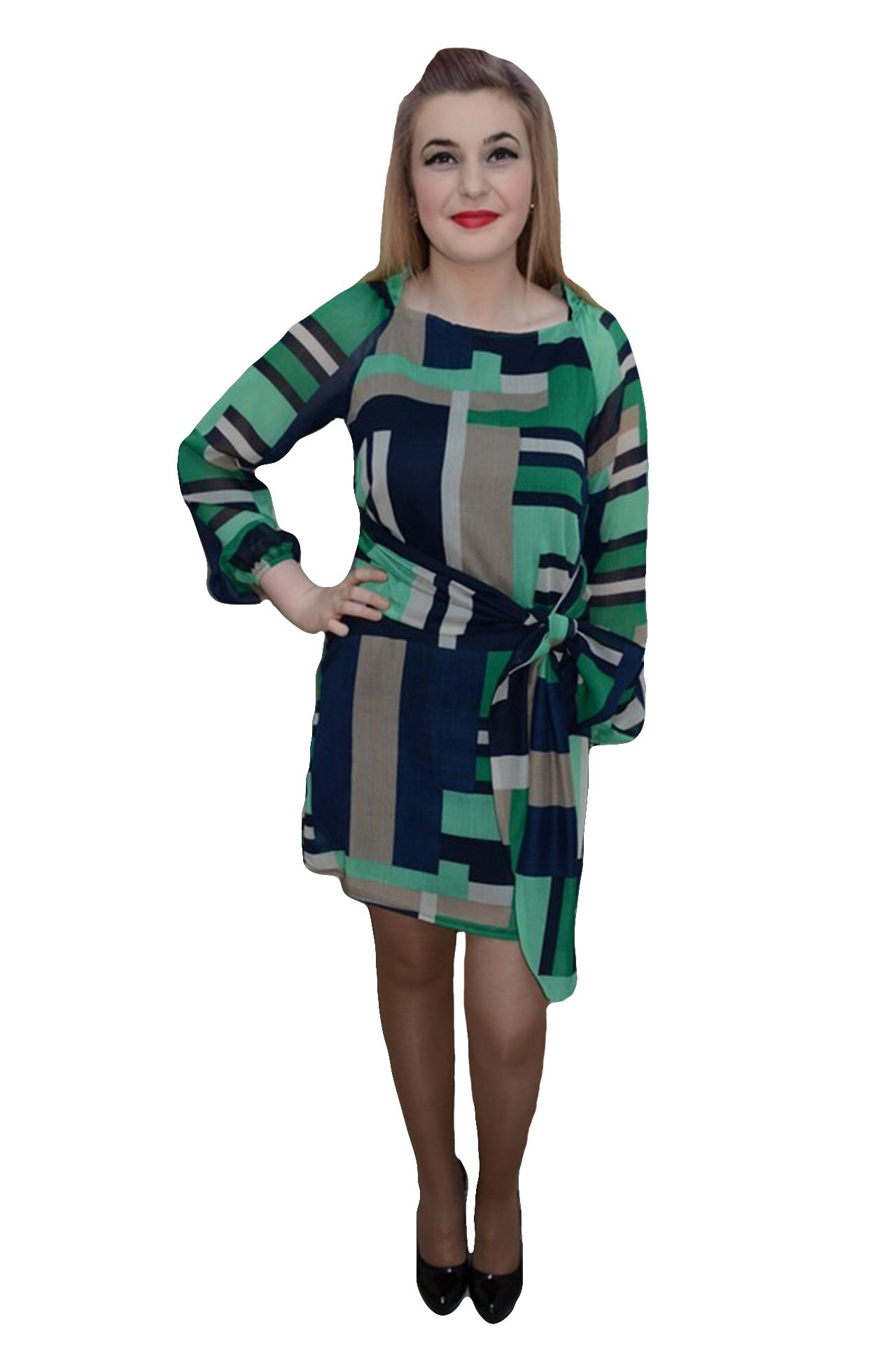 Rochie deosebita, model geometric fin,D&J Exclusive, Albastru marin