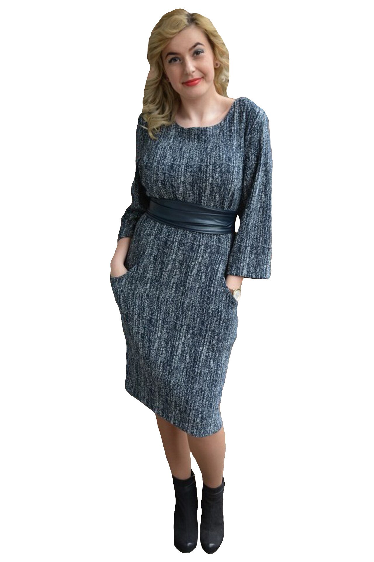 Rochie trendy cu maneca trei-sferturi,masura mare,D&J Exclusive, Bleumarin/Alb
