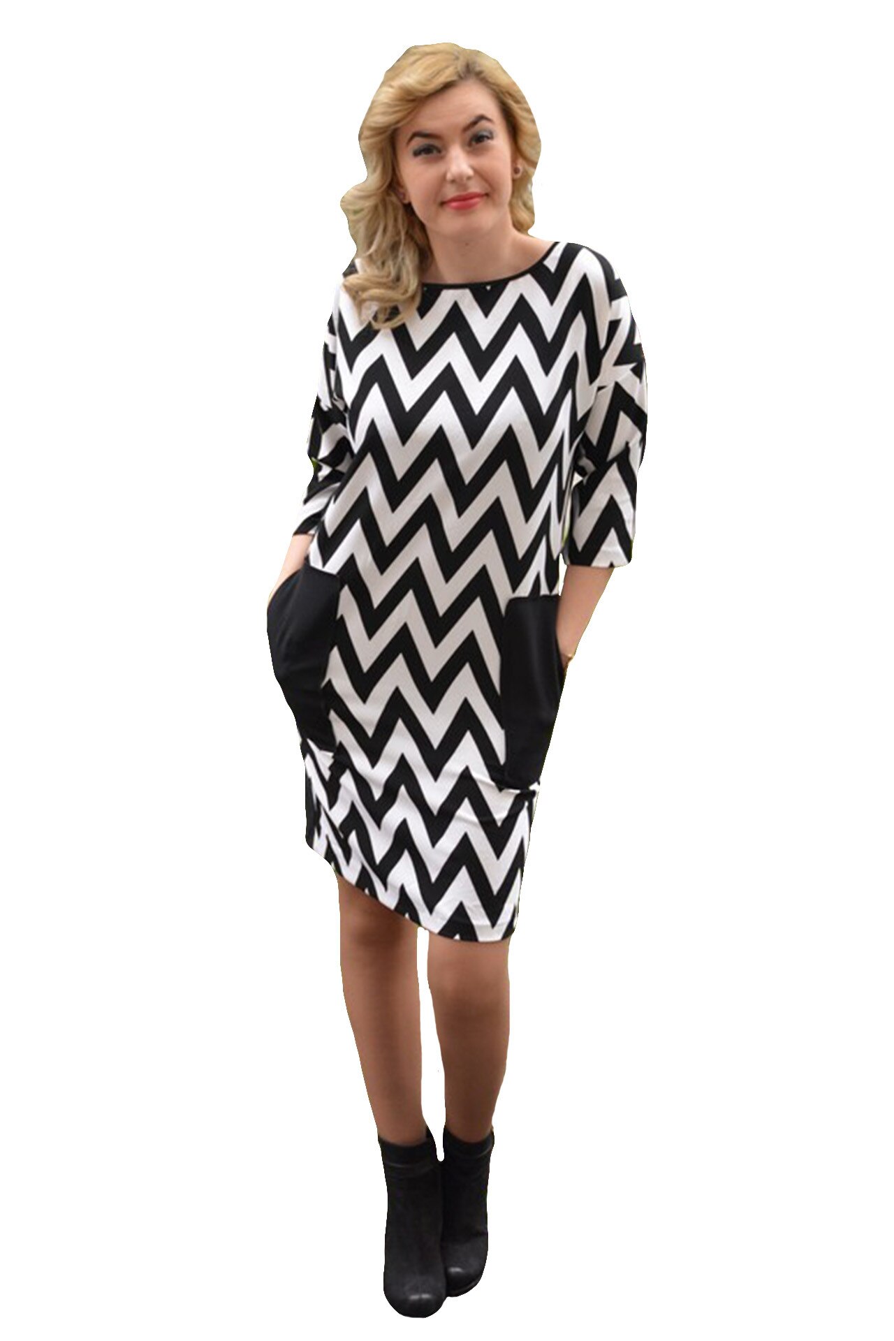 Rochie moderna, scurta cu buzunare mari,D&J Exclusive, Alb/Negru
