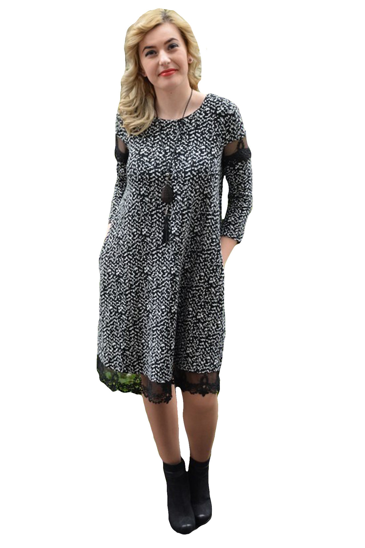 Rochie moderna cu insertii tip plasa dantelata,D&J Exclusive, Negru/Alb