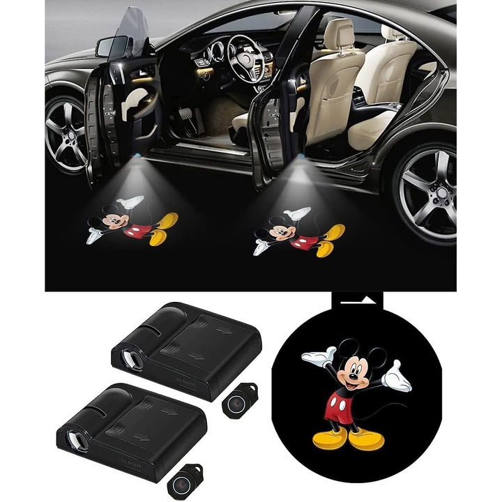 Set 2 lumini de usa auto cu proiector logo Mickey Mouse, montare usoara, alimentare cu baterii, universala