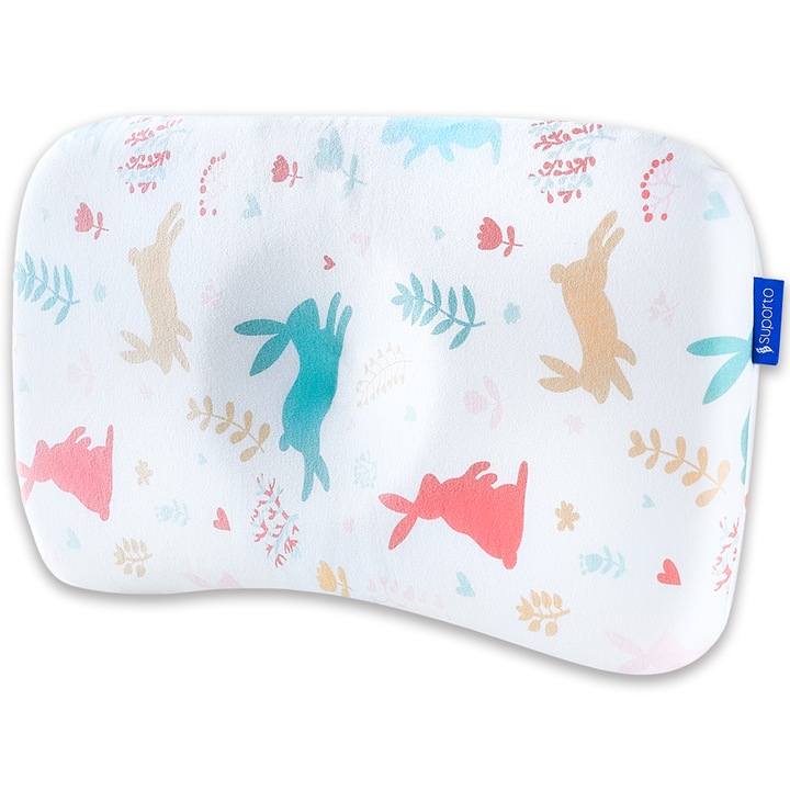 Ортопедична възглавница за бебета Suporto bebe, новородени 8-24 месеца, Против плагиоцефалия, Модел Зайчета, Многоцветен
