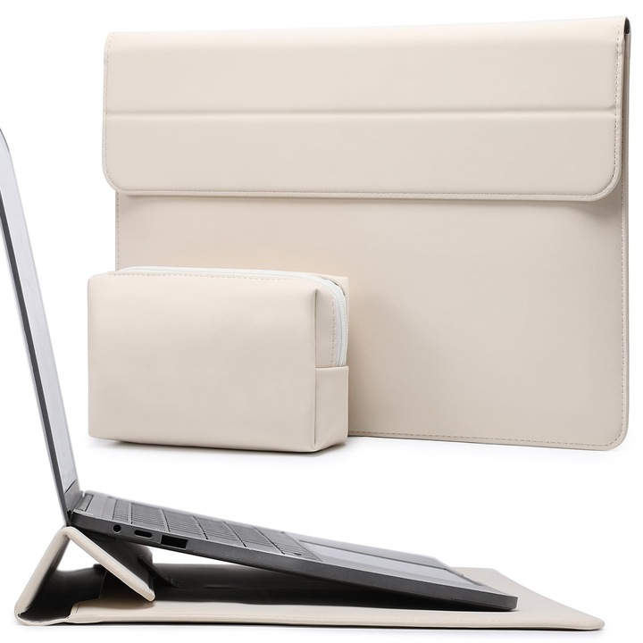 Husă laptop Hyzuo 13 inch, bej, cu funcție de suport, buzunar mic