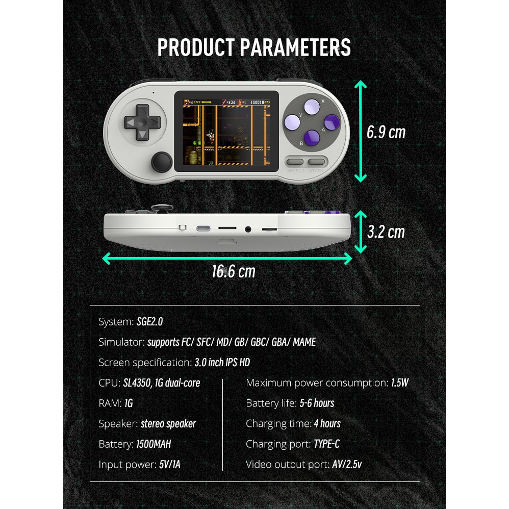 Consola portabila DataFrog SF2000 - Knight’s Starter Pack, Emulatoare GB/GBC/SFC/FC/MAME, Ecran IPS 3.0 inch, 6000 Jocuri, 16GB, Gri