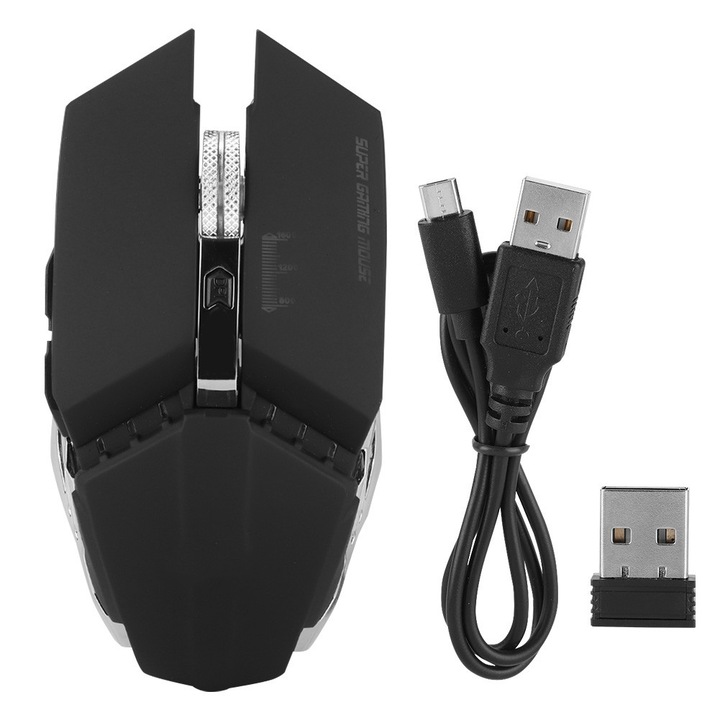 Mouse wireless 800/1200/1600DPI, 2.4GHz, iluminare 7 culori, negru