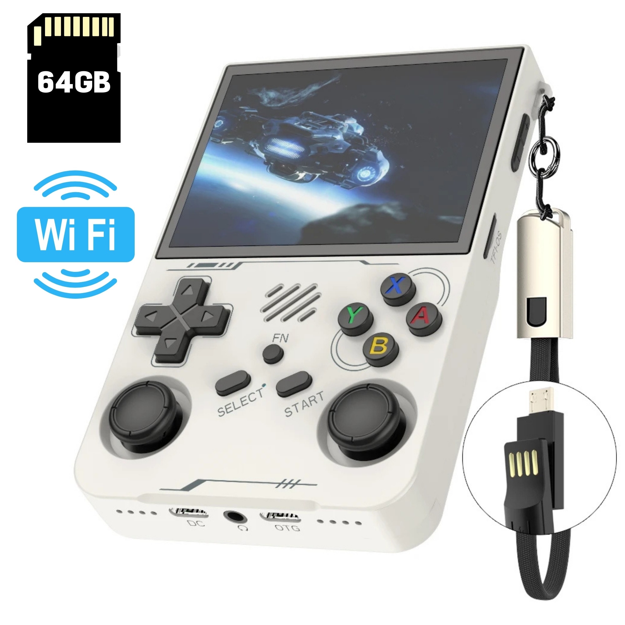 Consola cu Jocuri Retro Portabila PLEMORY®, Model Nou R36XX 2026 64Gb, 30.000 + Jocuri Retro Preinstalate, Game Console pentru Adulti si Copii, 3000mAh, Joystick 3D, Sistem Linux, Ecran IPS de 3.5 inch, Conexiune Wi-Fi, Alba