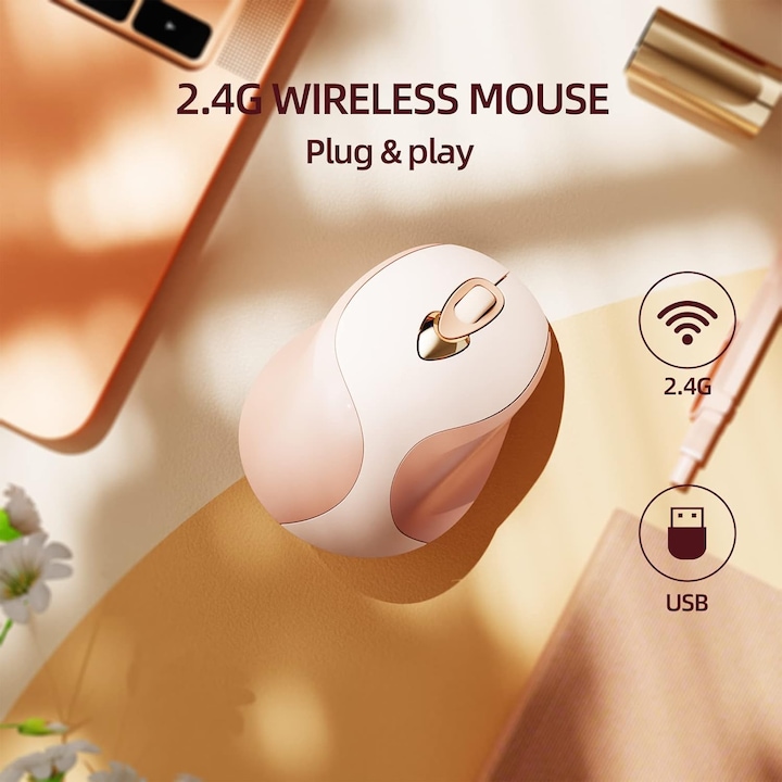 Mouse Cursor Roz Mouse wireless roz, 2.4G, reincarcabil, silentios, 105x71x38mm, set cu ...