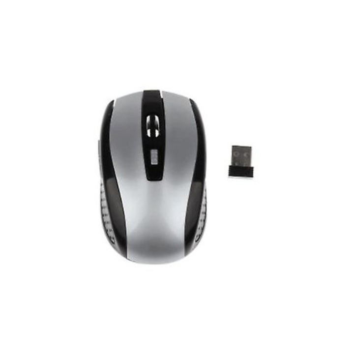 Mouse optic wireless 2.4GHz, portabil, 6 butoane, argintiu, 95x54x30mm, set cu receptor USB